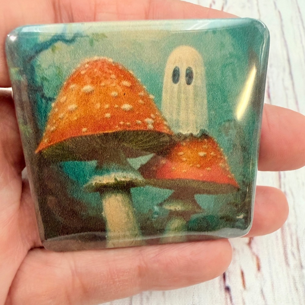 Handmade Ghost and Mushroom Vintage Style Square Refrigerator Magnet 2x2